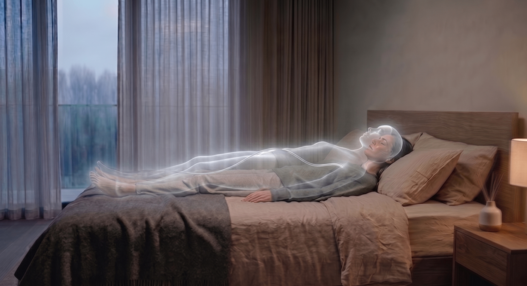 A calm astral projection sequence showing a luminous astral body gently separating from a resting physical body.